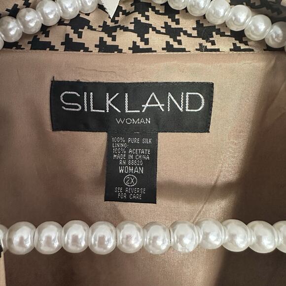 Silkland Black & Tan Pure Silk Houndstooth Shacket Jacket Button Career 2x - Picture 2 of 9